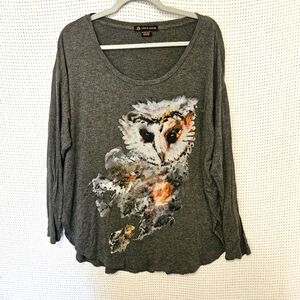Love And Legend Sz 1x Gray Owl Print Top, Art Deco, Abstract, Long Sleeve
